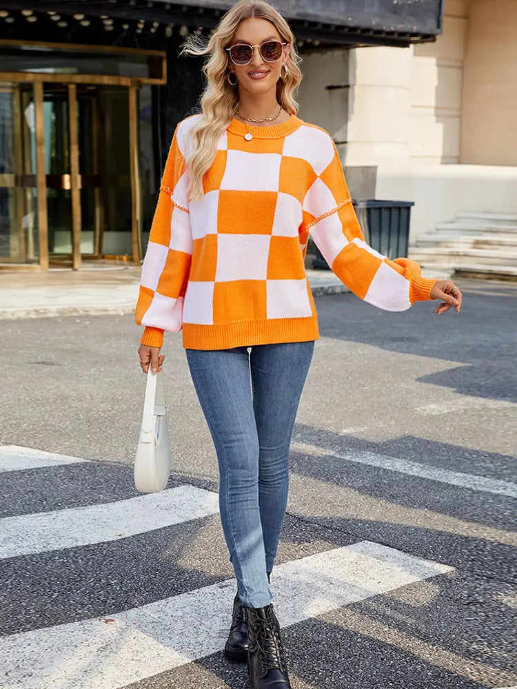 Women Pullover Sweater Plaid Color-Block Acrylic | Autumn Chic-3