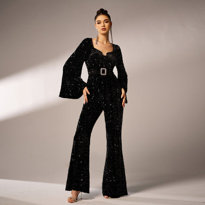Women Sequin Jumpsuit Black Polyester | Elegant Night Out-5