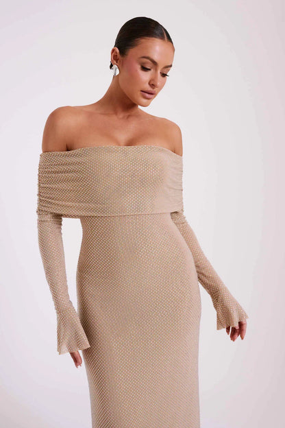 Off-Shoulder Long Knit Gown with Bell Sleeves | Giselle