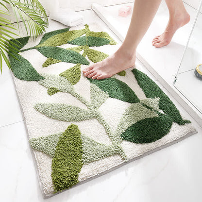Floor Rug Green Leaf Print Polyester | Cozy Retreat 1
