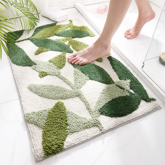 Floor Rug Green Leaf Print Polyester | Cozy Retreat 1