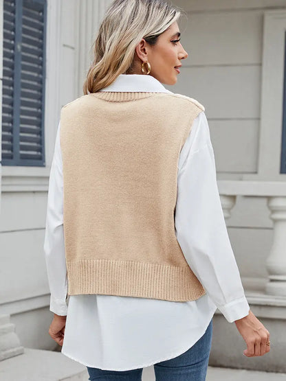 Women Vest Sweater Top Beige Knit | Sophia-6
