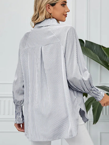 Women Loose-Fit Striped Blouse with Pleated Cuffs | Sophia-3