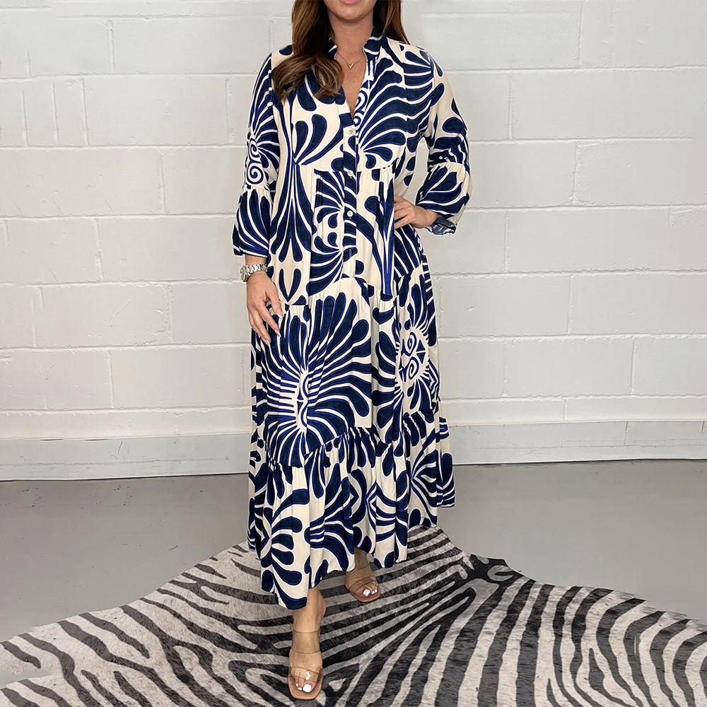 Printed Long Sleeve Tiered Maxi Dress | Yasmine