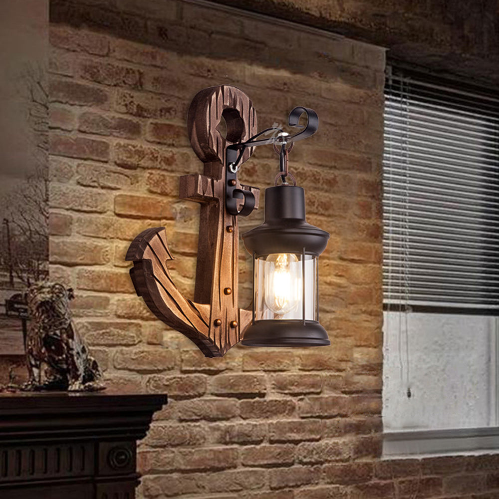Wall Lamp Rustic Wood Anchor Lantern | Coastal Charm-4