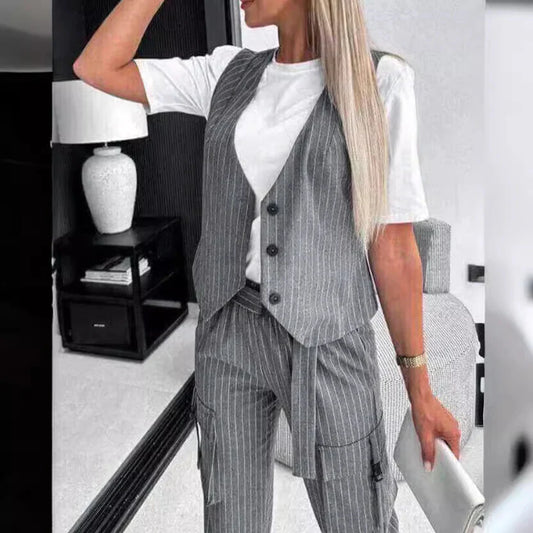 Women Suit Beige Dolores Fabric | Tailored Vest and Wide Pants Set-1
