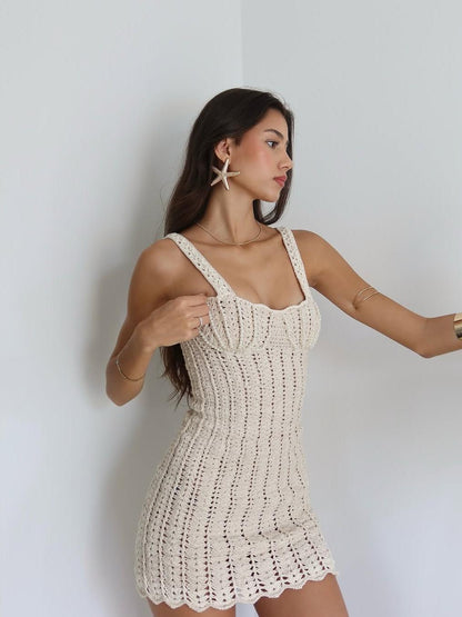 Women Mini Dress White Crochet Mesh | Bella-3