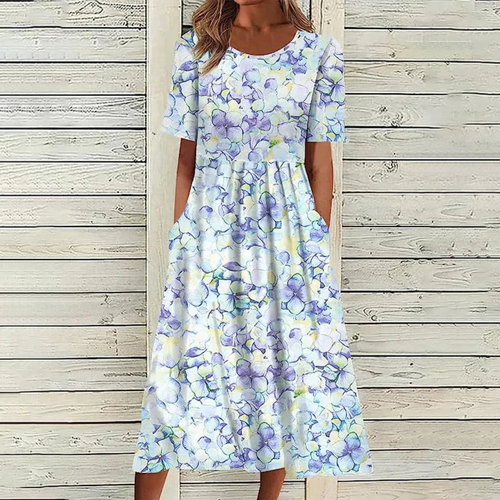 Floral Print Short Sleeve Dress with Pockets | Amelia