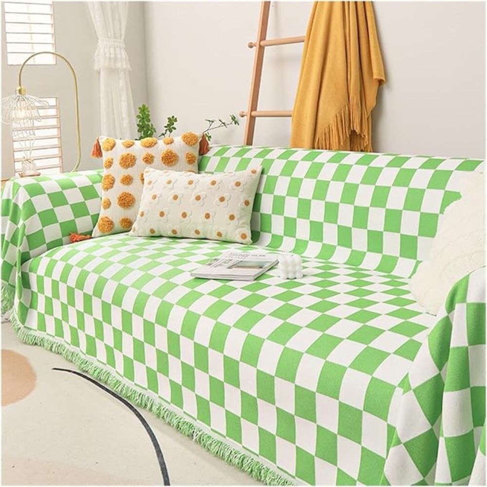 Sofa Cover Grey Microfibre Chenille | Checkerboard Design 2