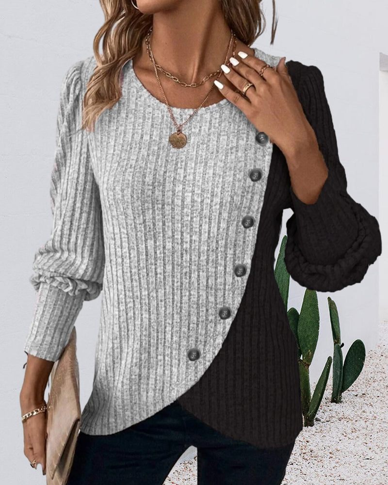 Women Asymmetrical Two-Tone Button Sweater | Gracie