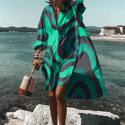 Abstract-Print Oversized Button-Down Shirt Dress | Thalina