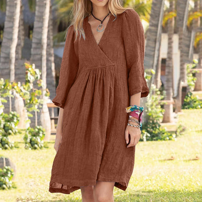 V-Neck Linen Casual Dress with 3/4 Sleeves | Ygritte