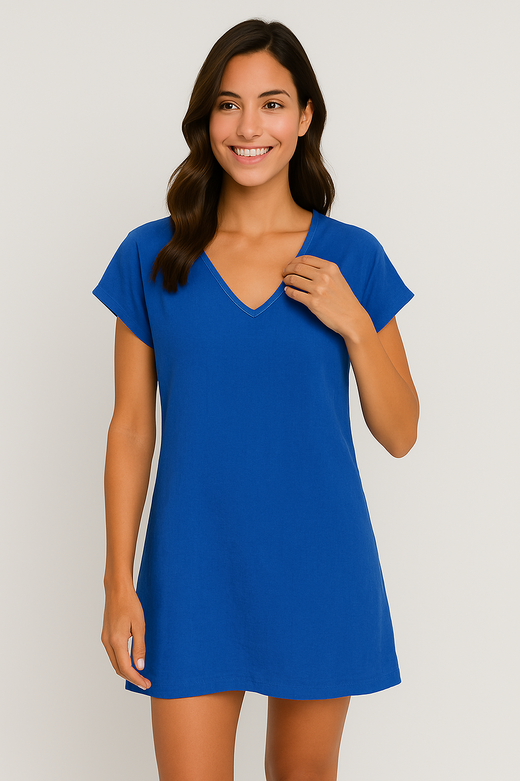 Women V-Neck Tunic Dress with Cap Sleeves | Mariselle