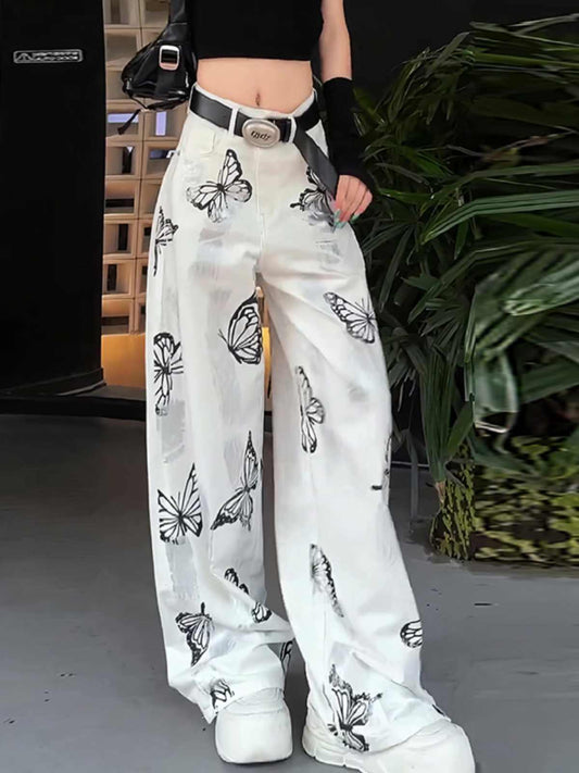 Women Wide Leg Pants White Ice Silk | Butterfly-1