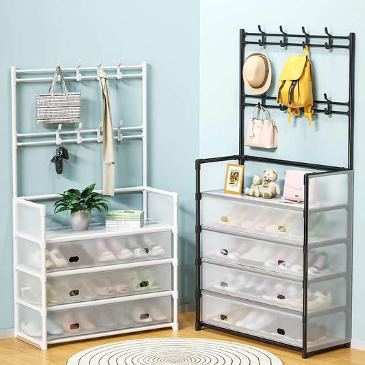4-Tier Shoe Rack with 8 Hooks – Entryway Shoe Storage Organizer for Compact Spaces, Black Metal Frame with Wooden Shelves 0