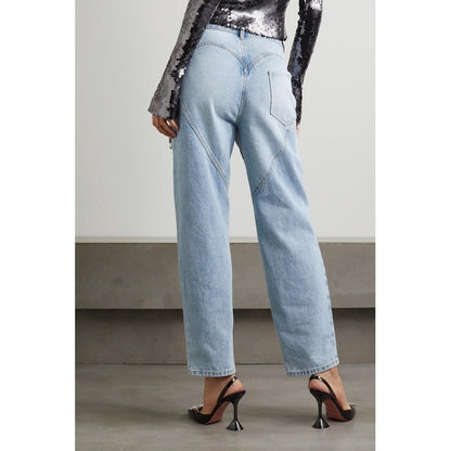 Women Straight Leg Jeans Light Blue Cotton | Crystal Elegance-4