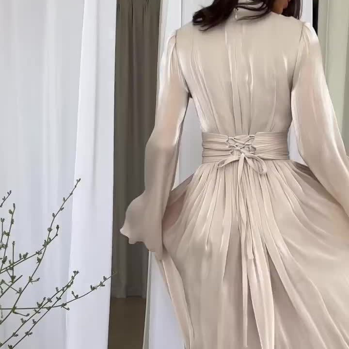 Women Long Dress Black Satin Polyester | Elegant Evening-5