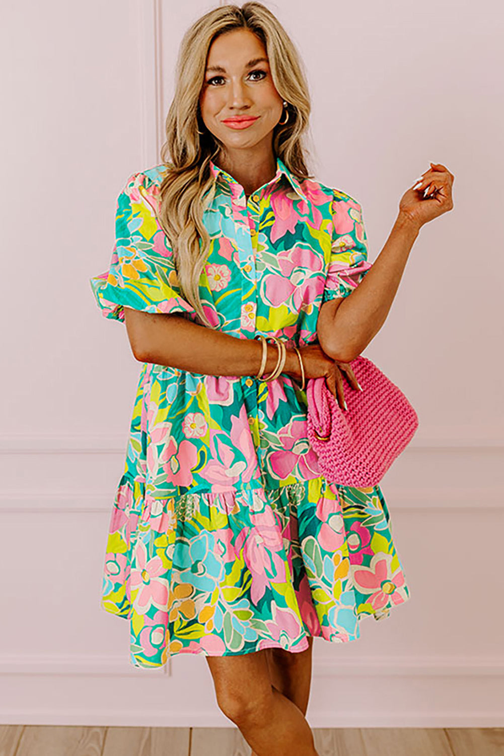 Floral Print Babydoll Dress with Puff Sleeves and Buttoned Front | Jeanne