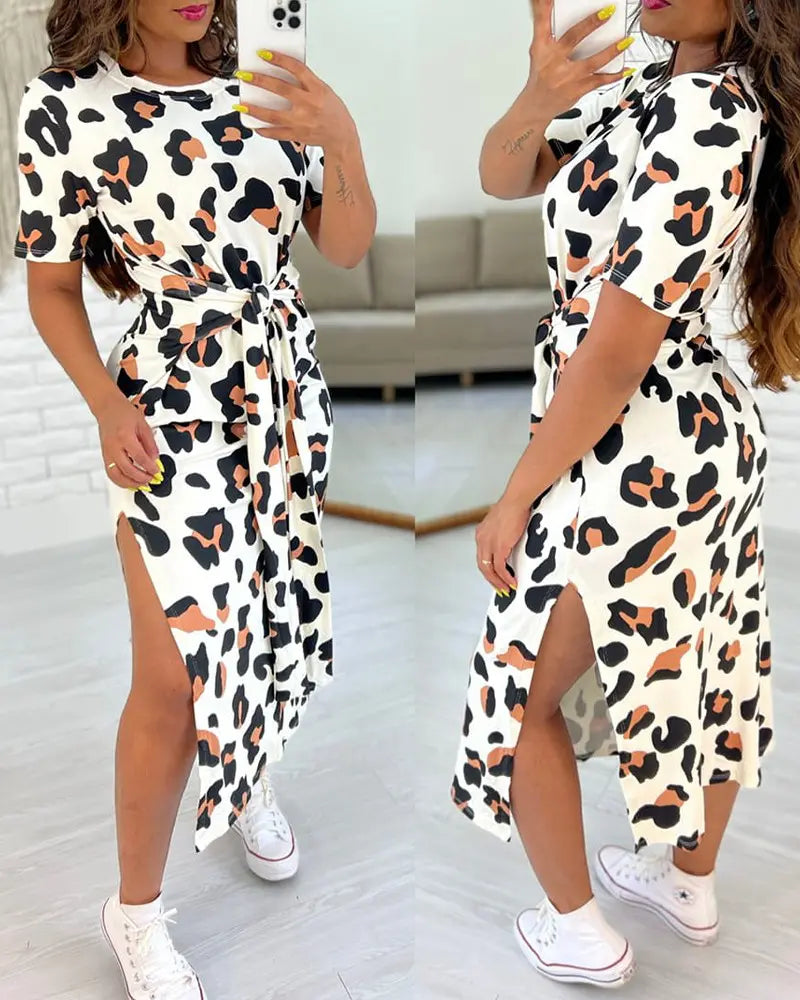 Leopard Print Side-Slit Midi Dress | Leopard