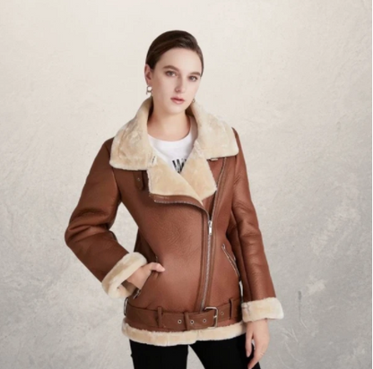 Variant image for Women Leather Jacket Black Fleece | Classic Style-6