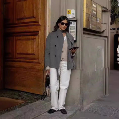 Women Short Coat Grey Polyester | Elegant Minimalist-5