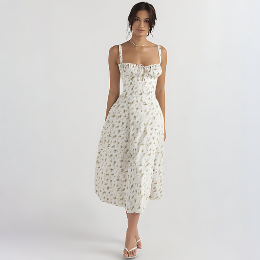 Floral Corset-Style Midi Dress with Strappy Details | Chandria