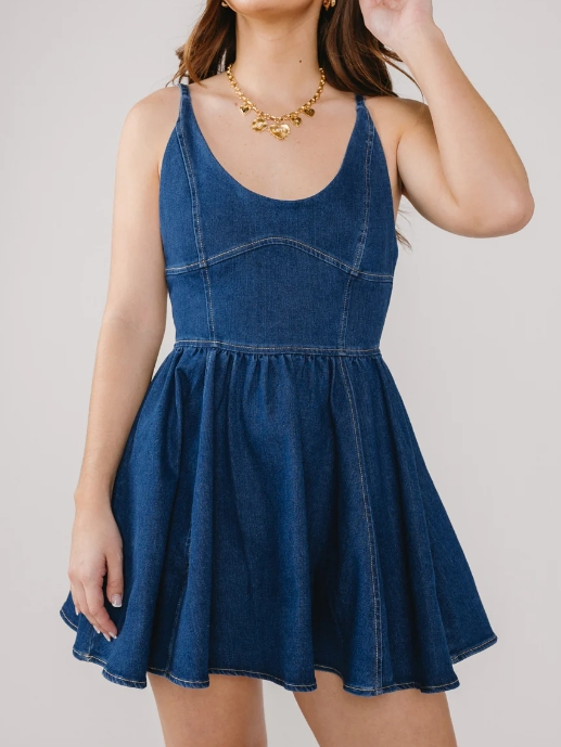 Women Mini Dress Blue Denim | Bella-1