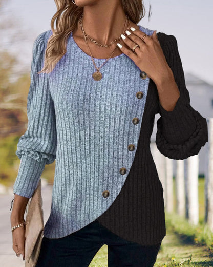 Women Asymmetrical Two-Tone Button Sweater | Gracie