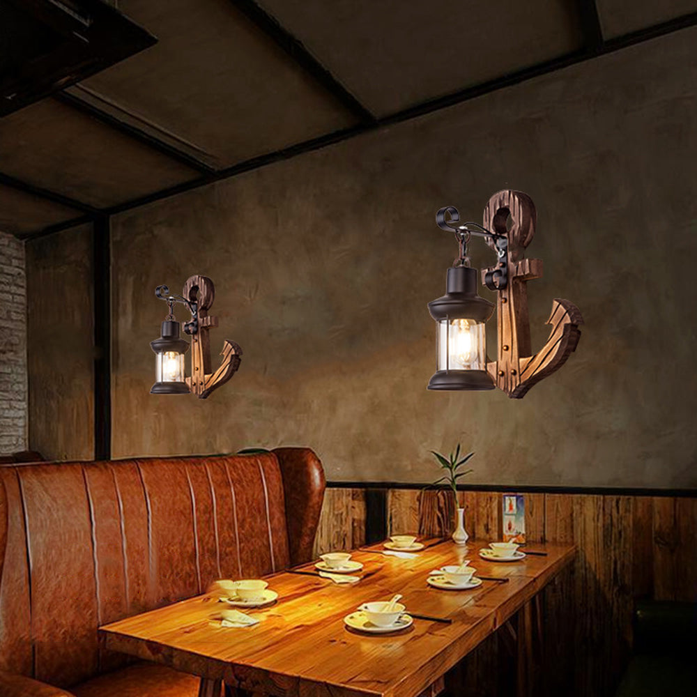 Wall Lamp Rustic Wood Anchor Lantern | Coastal Charm-2