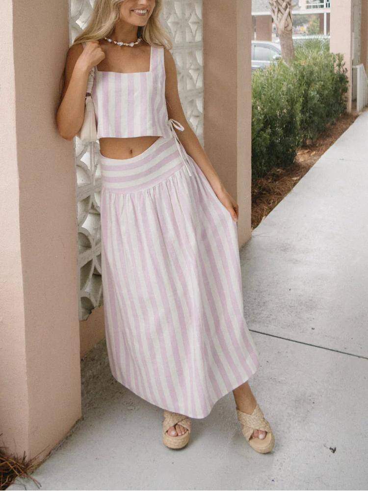 Women Two Piece Skirt Set Pink Striped Linen-Cotton Blend | Bella-4