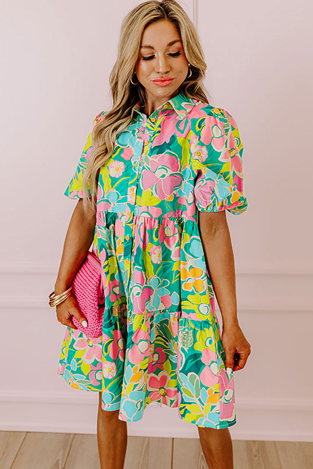 Floral Print Babydoll Dress with Puff Sleeves and Buttoned Front | Jeanne