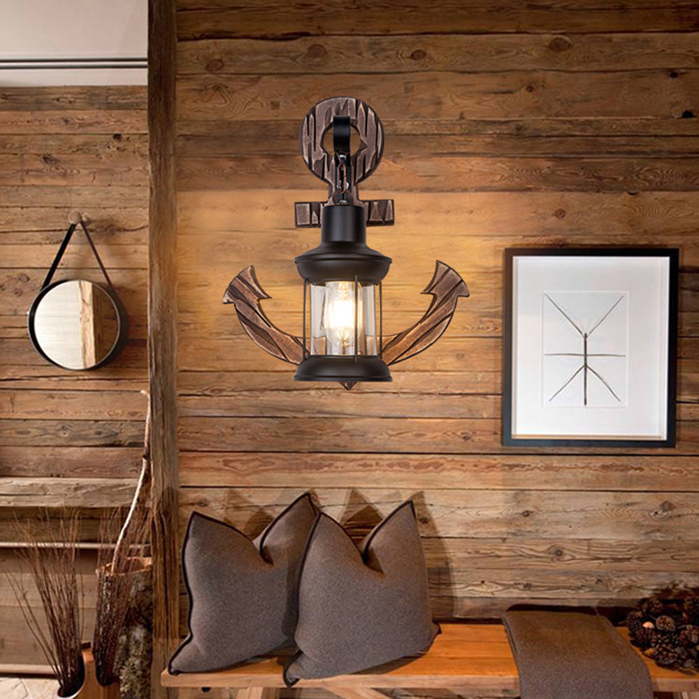 Wall Lamp Rustic Wood Anchor Lantern | Coastal Charm-5