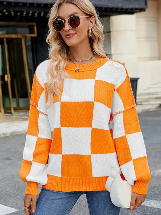 Women Pullover Sweater Plaid Color-Block Acrylic | Autumn Chic-1