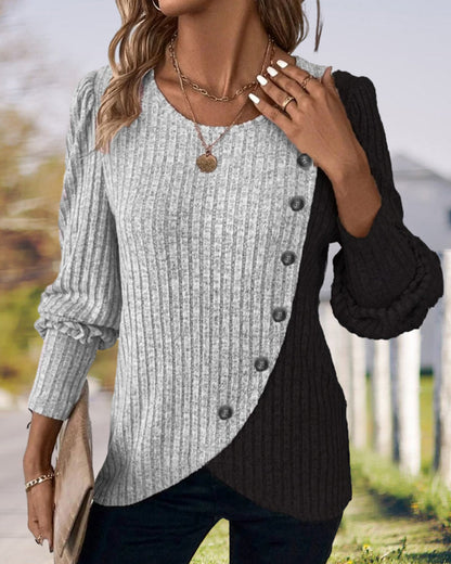 Women Asymmetrical Two-Tone Button Sweater | Gracie