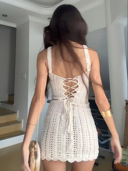 Women Mini Dress White Crochet Mesh | Bella-5