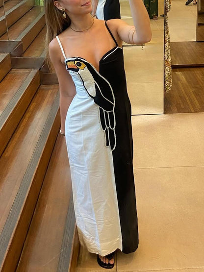 Women Maxi Dress Black and White Cotton-Linen | Parrot-4