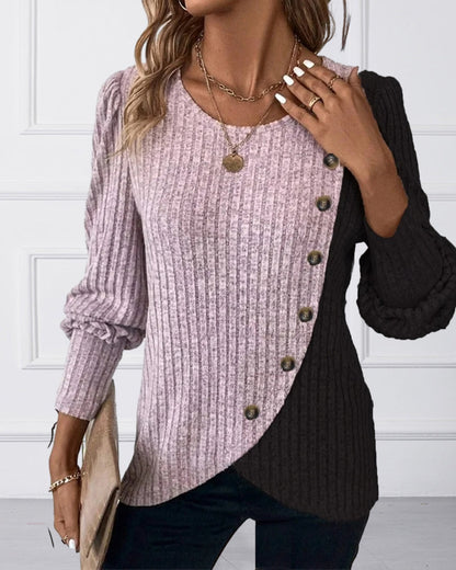 Women Asymmetrical Two-Tone Button Sweater | Gracie
