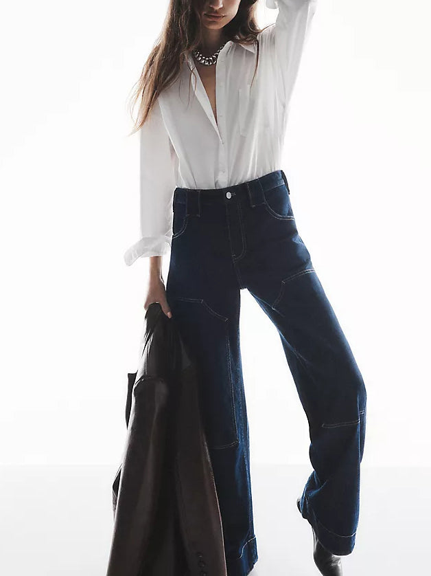 Women Low Rise Wide Leg Jeans Blue Cotton | Myra-4