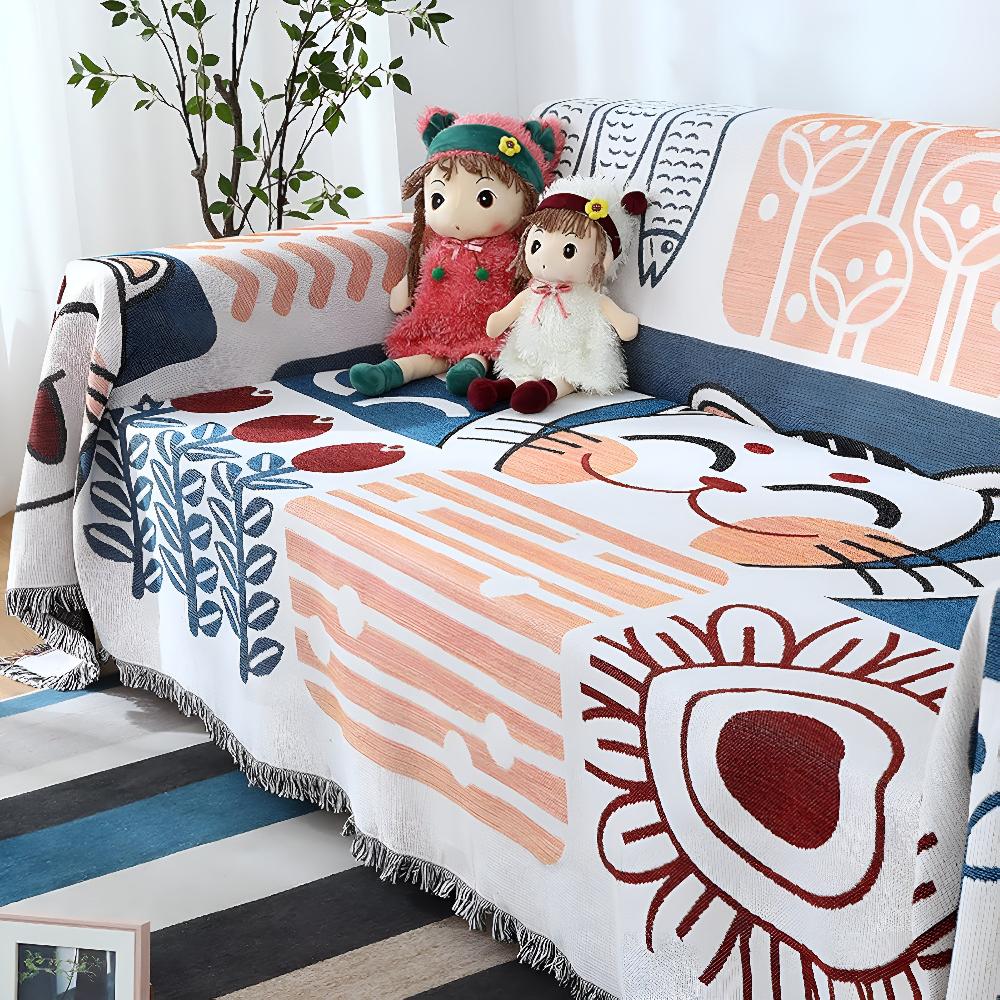 Sofa Cover Beige Cotton Linen | Elegant Tassel Design 5