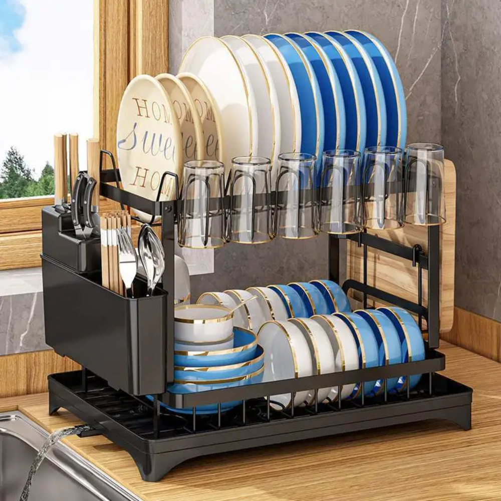 Dish Rack Black Steel Double Layer | Modern Kitchen Essential 3