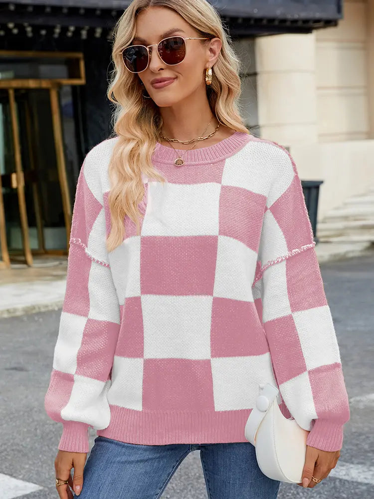 Women Pullover Sweater Plaid Color-Block Acrylic | Autumn Chic-4