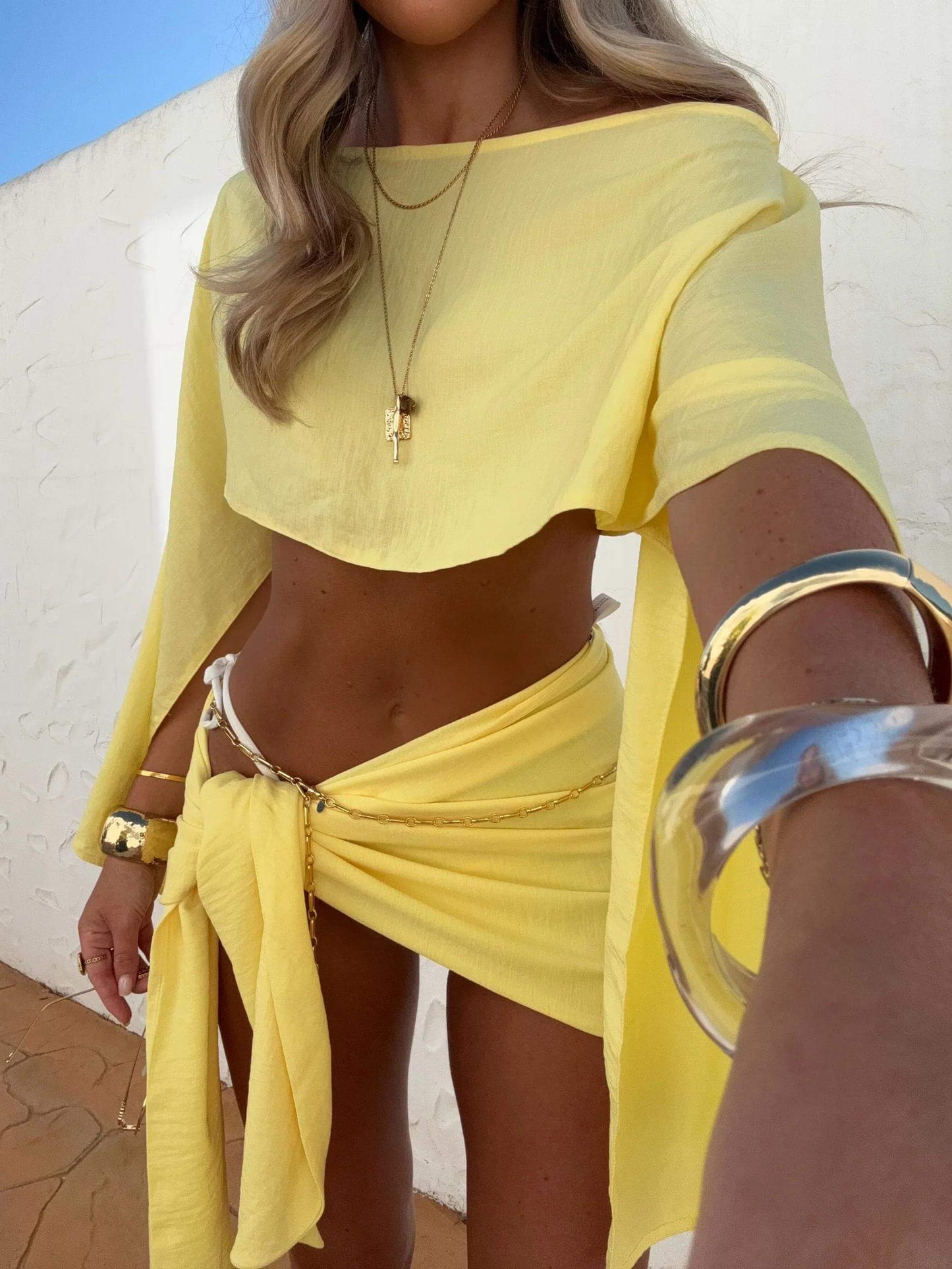 Women Sarong Set Yellow Linen | Cleo-6