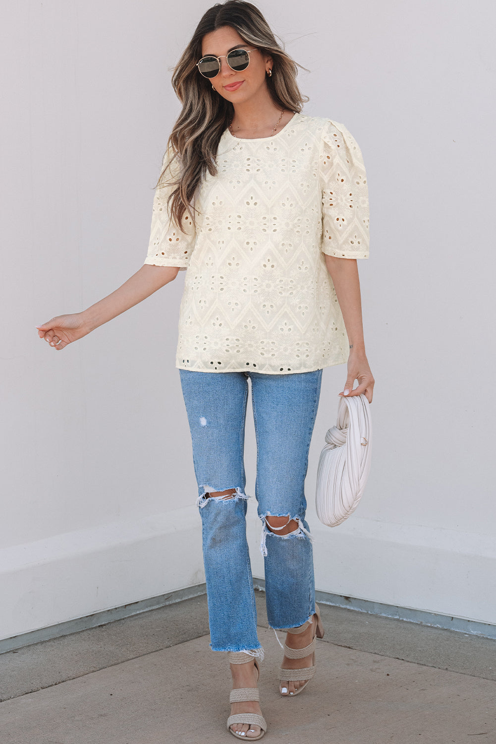 Women Blouse White Cotton Eyelet Embroidery | Emily-3