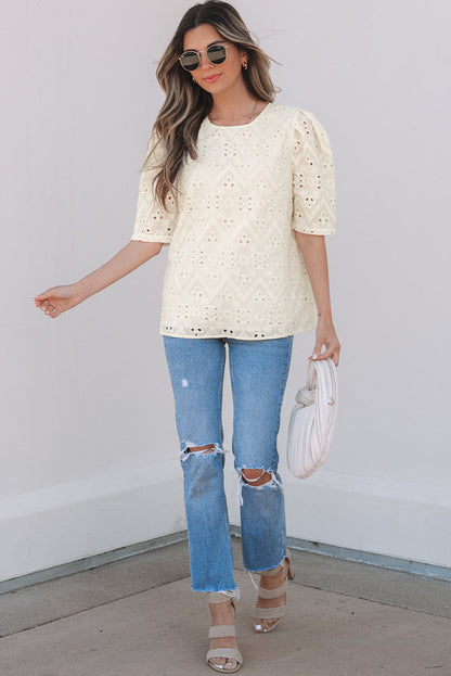 Women Blouse White Cotton Eyelet Embroidery | Emily-3