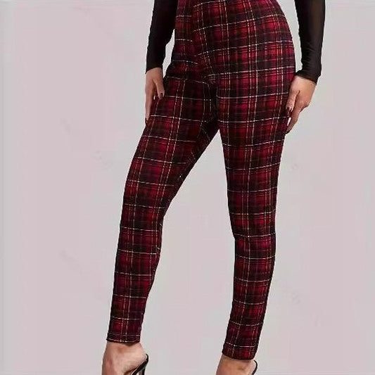 Women Skinny Pants Tartan Print Polyester | Elegant Style-1