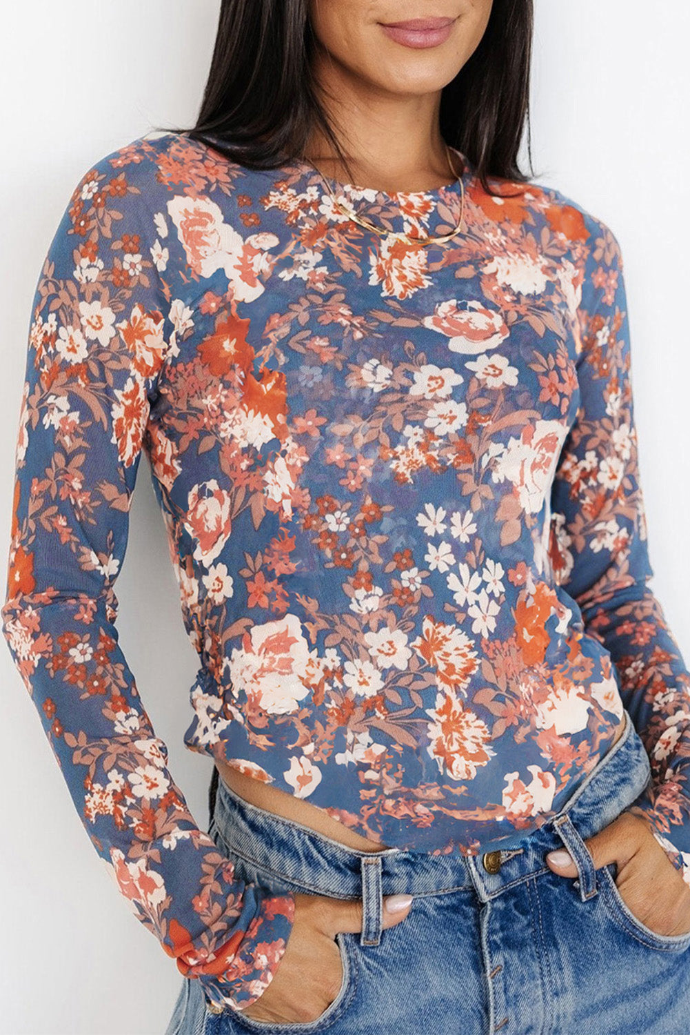 Women Floral Mesh Slim Top | Serelina