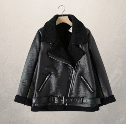 Variant image for Women Leather Jacket Black Fleece | Classic Style-1