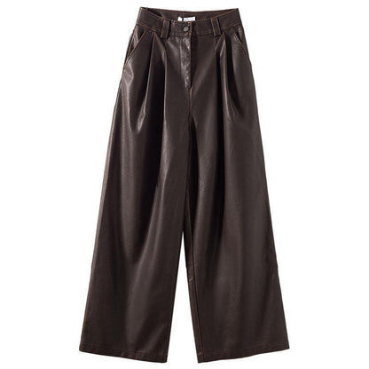 Women Wide Leg Pants Brown PU Leather | Vintage Chic-6