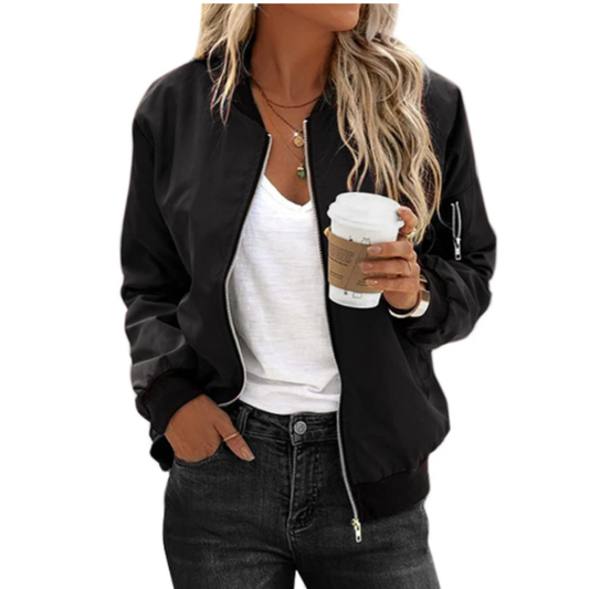Women Classic Black Bomber Jacket | Amy