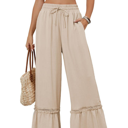 Women Wide Leg Trousers Apricot Polyester | Elegant Style-4